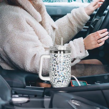 40 oz Tumbler with Handle and Straw, 100% Leak-Proof Travel Mug, Stainless Steel Double Wall Vacuum Insulated Coffee Cup Keeps Cold For 34 Hours, Dishwasher Safe, White Leopard