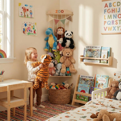 Stuffed Animal Storage Zoo with Decorative Muslin Garland - Toy Organizer