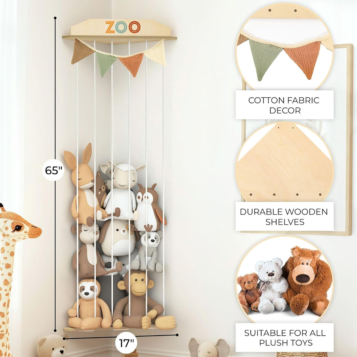 Stuffed Animal Storage Zoo with Decorative Muslin Garland - Toy Organizer