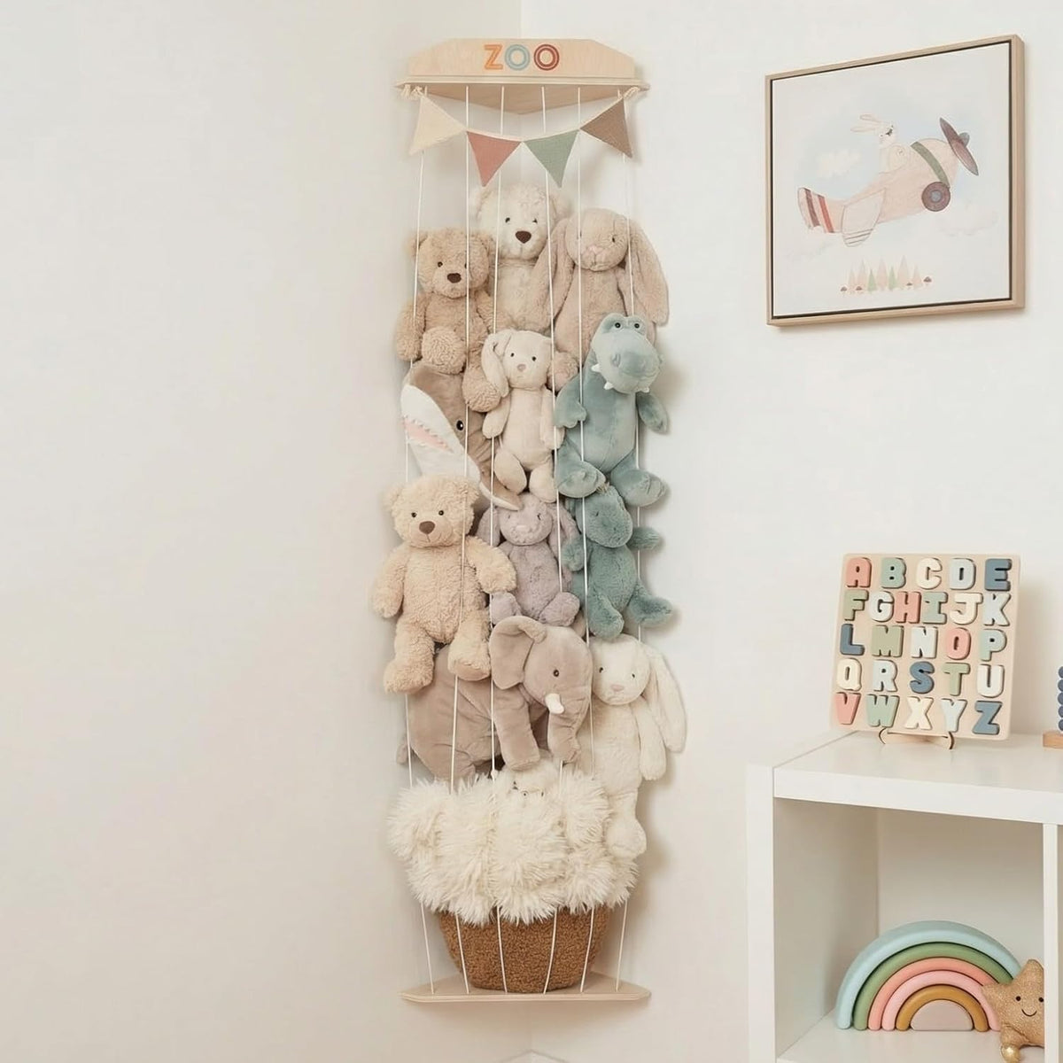 Stuffed Animal Storage Zoo with Decorative Muslin Garland - Toy Organizer