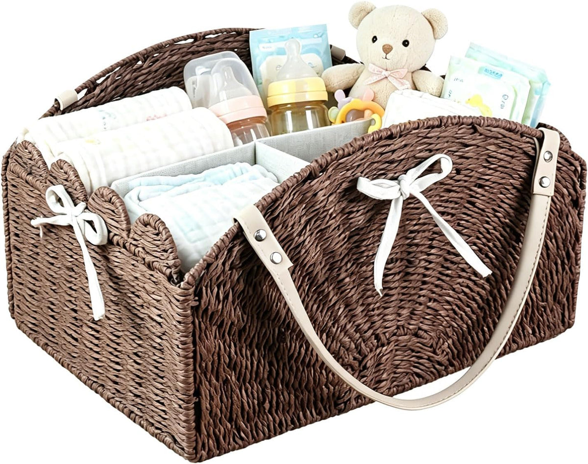 Diaper Caddy Foldable Collapsible Storage Basket Textured Woven Nursery Organizer with Removable Divider Portable for Changing Table Car Travel Baby Registry Essentials (Brown)