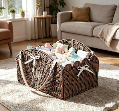 Diaper Caddy Foldable Collapsible Storage Basket Textured Woven Nursery Organizer with Removable Divider Portable for Changing Table Car Travel Baby Registry Essentials (Brown)