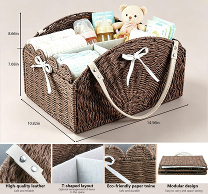 Diaper Caddy Foldable Collapsible Storage Basket Textured Woven Nursery Organizer with Removable Divider Portable for Changing Table Car Travel Baby Registry Essentials (Brown)