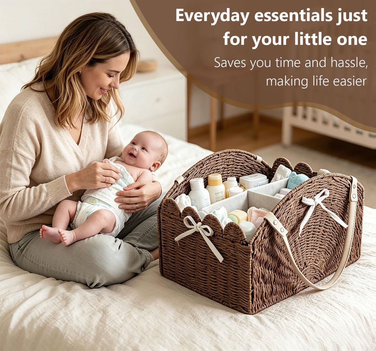 Diaper Caddy Foldable Collapsible Storage Basket Textured Woven Nursery Organizer with Removable Divider Portable for Changing Table Car Travel Baby Registry Essentials (Brown)