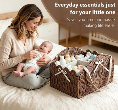 Diaper Caddy Foldable Collapsible Storage Basket Textured Woven Nursery Organizer with Removable Divider Portable for Changing Table Car Travel Baby Registry Essentials (Brown)