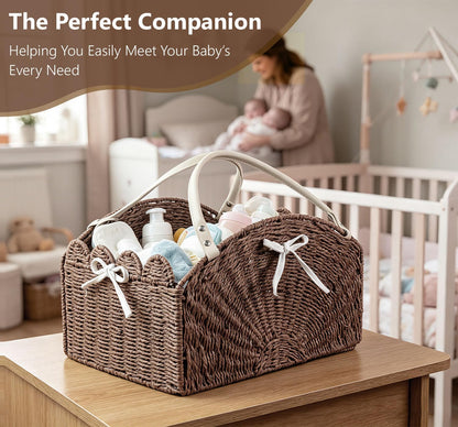 Diaper Caddy Foldable Collapsible Storage Basket Textured Woven Nursery Organizer with Removable Divider Portable for Changing Table Car Travel Baby Registry Essentials (Brown)
