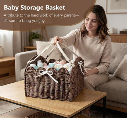 Diaper Caddy Foldable Collapsible Storage Basket Textured Woven Nursery Organizer with Removable Divider Portable for Changing Table Car Travel Baby Registry Essentials (Brown)