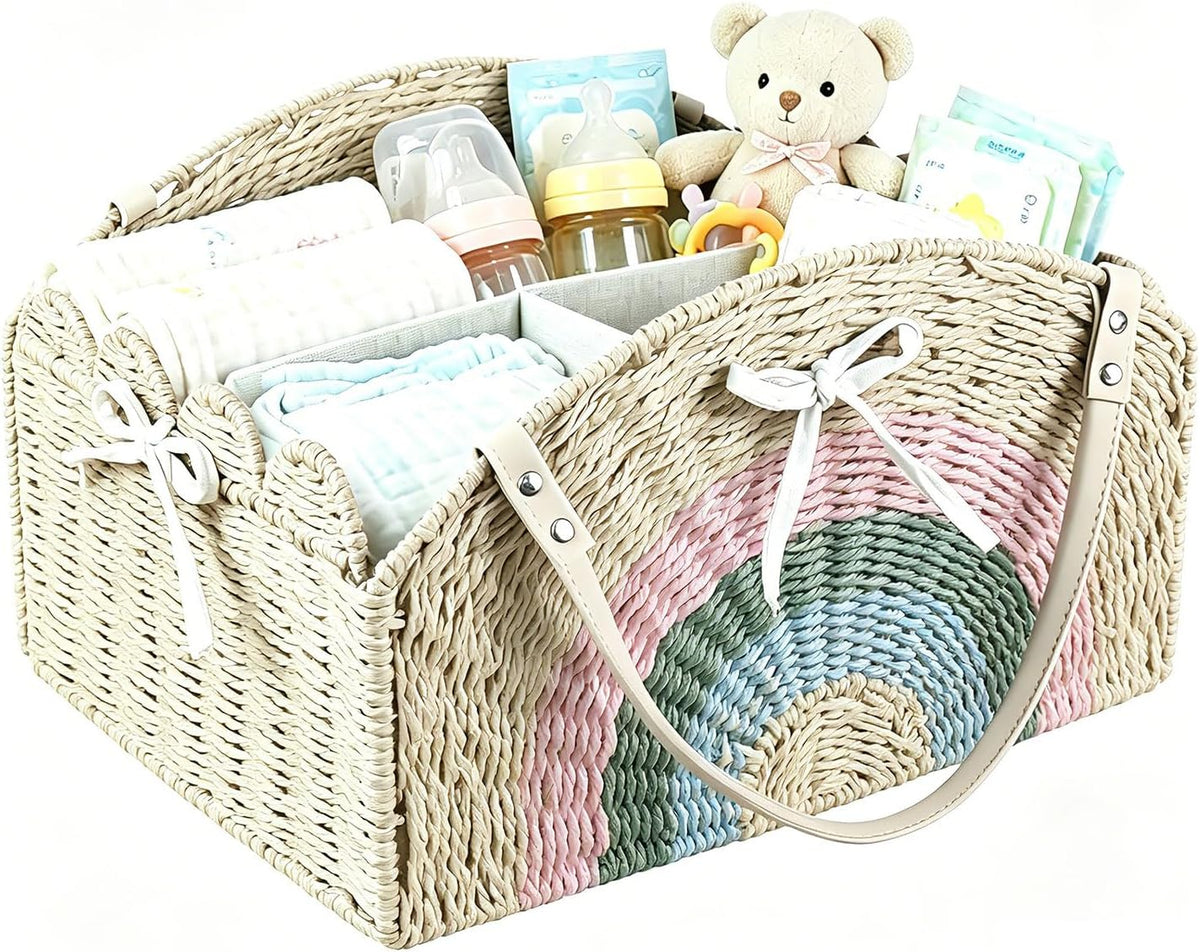 Diaper Caddy Foldable Collapsible Storage Basket Textured Woven Nursery Organizer with Removable Divider Portable for Changing Table Car Travel Baby Registry Essentials (Brown)