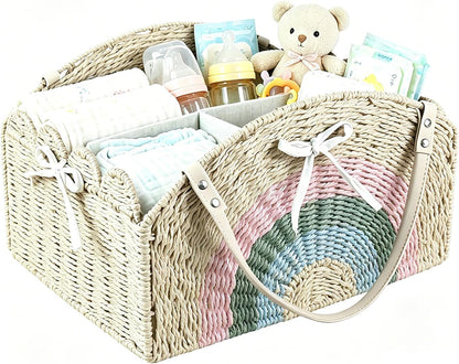 Diaper Caddy Foldable Collapsible Storage Basket Textured Woven Nursery Organizer with Removable Divider Portable for Changing Table Car Travel Baby Registry Essentials (Brown)