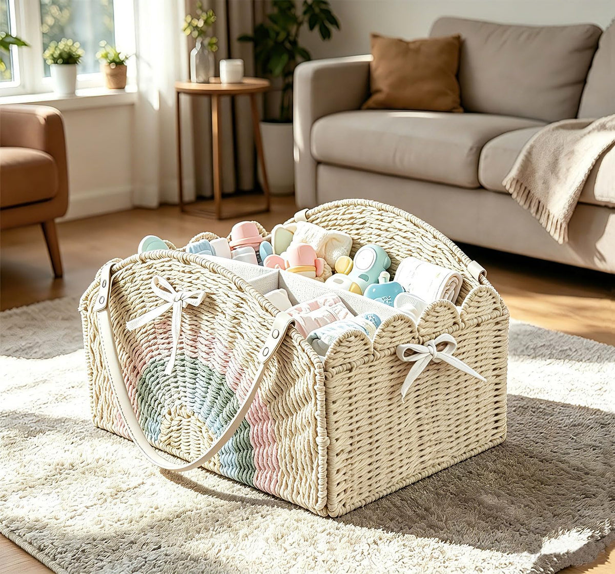 Diaper Caddy Foldable Collapsible Storage Basket Textured Woven Nursery Organizer with Removable Divider Portable for Changing Table Car Travel Baby Registry Essentials (Brown)