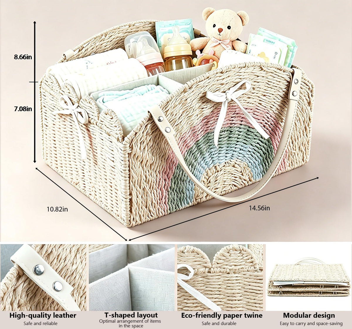Diaper Caddy Foldable Collapsible Storage Basket Textured Woven Nursery Organizer with Removable Divider Portable for Changing Table Car Travel Baby Registry Essentials (Brown)