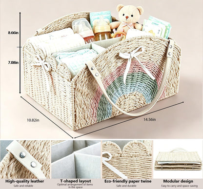 Diaper Caddy Foldable Collapsible Storage Basket Textured Woven Nursery Organizer with Removable Divider Portable for Changing Table Car Travel Baby Registry Essentials (Brown)