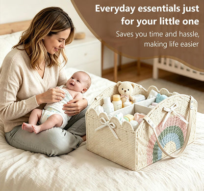 Diaper Caddy Foldable Collapsible Storage Basket Textured Woven Nursery Organizer with Removable Divider Portable for Changing Table Car Travel Baby Registry Essentials (Brown)
