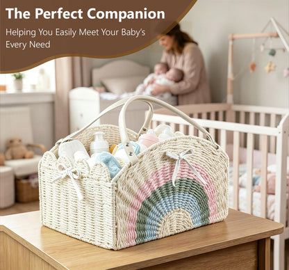 Diaper Caddy Foldable Collapsible Storage Basket Textured Woven Nursery Organizer with Removable Divider Portable for Changing Table Car Travel Baby Registry Essentials (Brown)