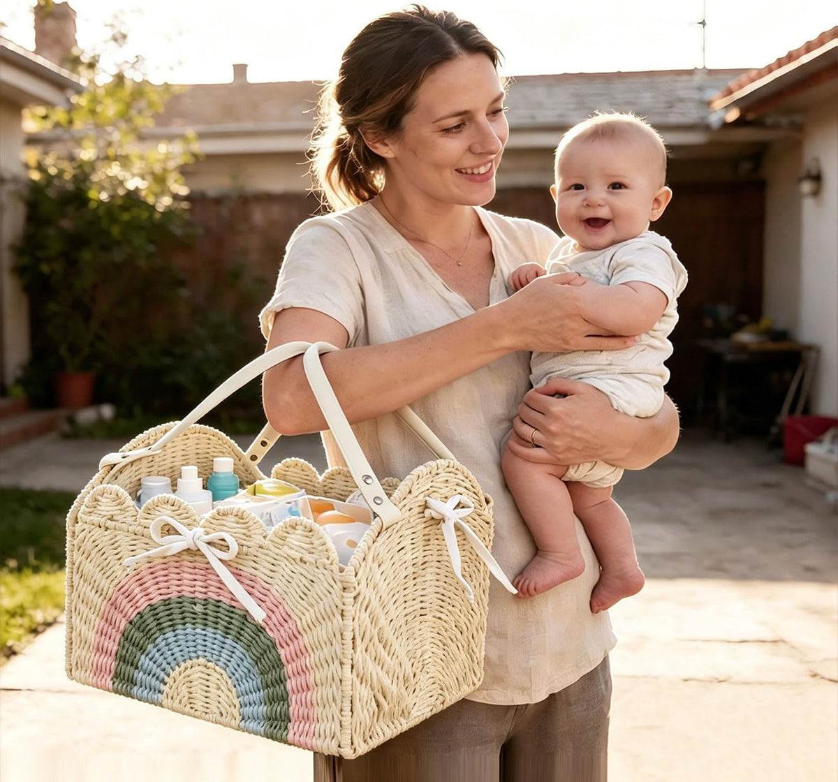 Diaper Caddy Foldable Collapsible Storage Basket Textured Woven Nursery Organizer with Removable Divider Portable for Changing Table Car Travel Baby Registry Essentials (Brown)