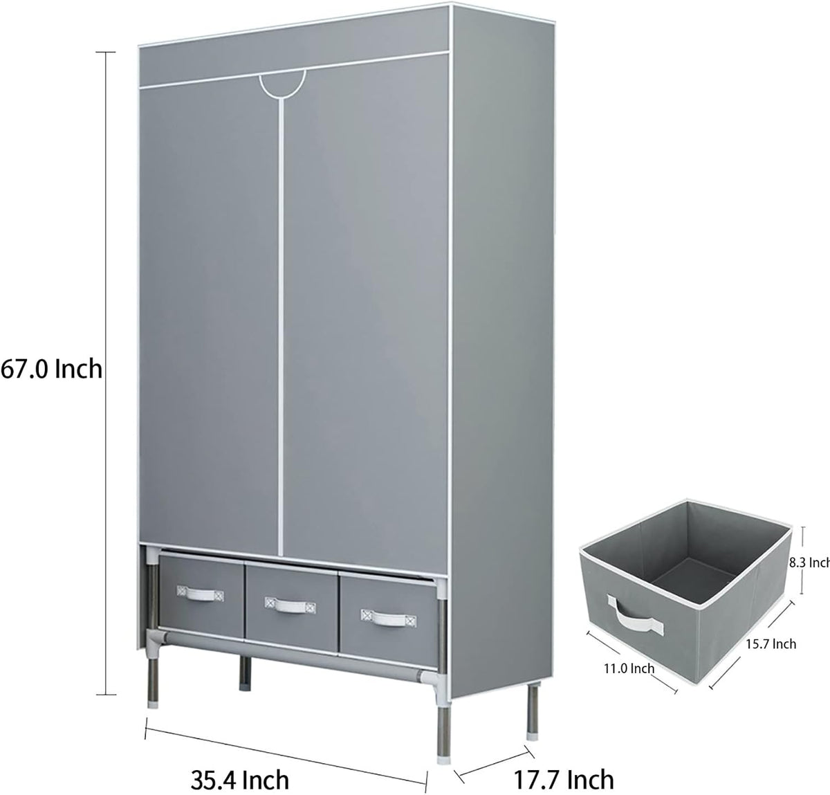 Portable Clothes Closet Rolling Door Wardrobe with Hanging Rack Non-Woven Fabric Storage Organizer with Three Drawer Boxes No-Tool Assembly - 35.4 x 17.7 x 67.0 ‘’ (Gray)