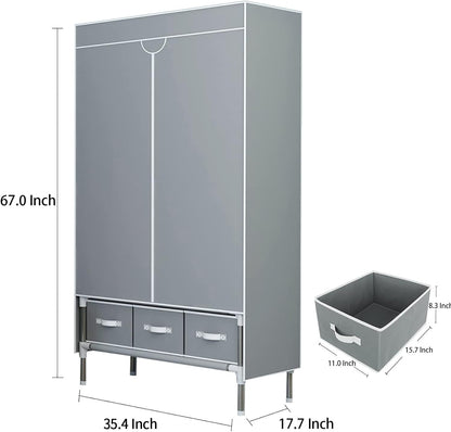 Portable Clothes Closet Rolling Door Wardrobe with Hanging Rack Non-Woven Fabric Storage Organizer with Three Drawer Boxes No-Tool Assembly - 35.4 x 17.7 x 67.0 ‘’ (Gray)