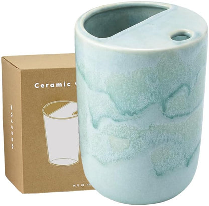 Handmade Ceramic Travel Coffee To Go Tumbler with Half Lid, 17oz Unique Tea Coffee Cup with Sip-top Lid, Speckle White