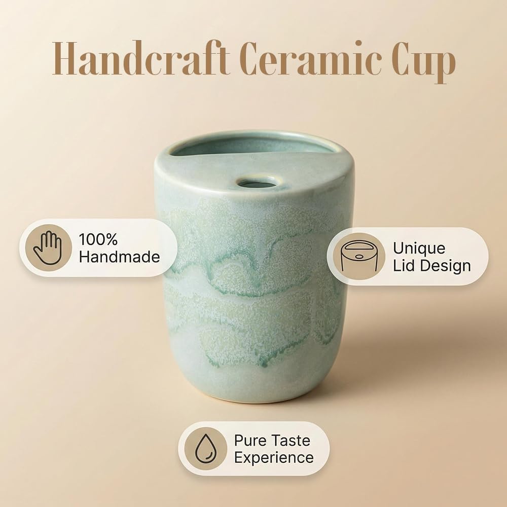 Handmade Ceramic Travel Coffee To Go Tumbler with Half Lid, 17oz Unique Tea Coffee Cup with Sip-top Lid, Speckle White
