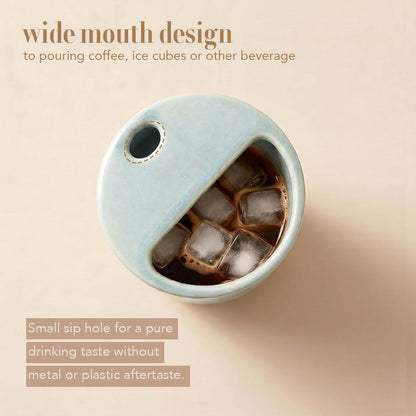 Handmade Ceramic Travel Coffee To Go Tumbler with Half Lid, 17oz Unique Tea Coffee Cup with Sip-top Lid, Speckle White
