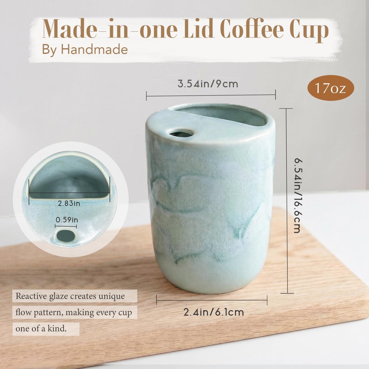 Handmade Ceramic Travel Coffee To Go Tumbler with Half Lid, 17oz Unique Tea Coffee Cup with Sip-top Lid, Speckle White