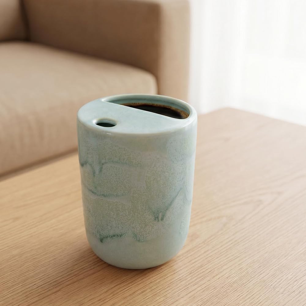 Handmade Ceramic Travel Coffee To Go Tumbler with Half Lid, 17oz Unique Tea Coffee Cup with Sip-top Lid, Speckle White