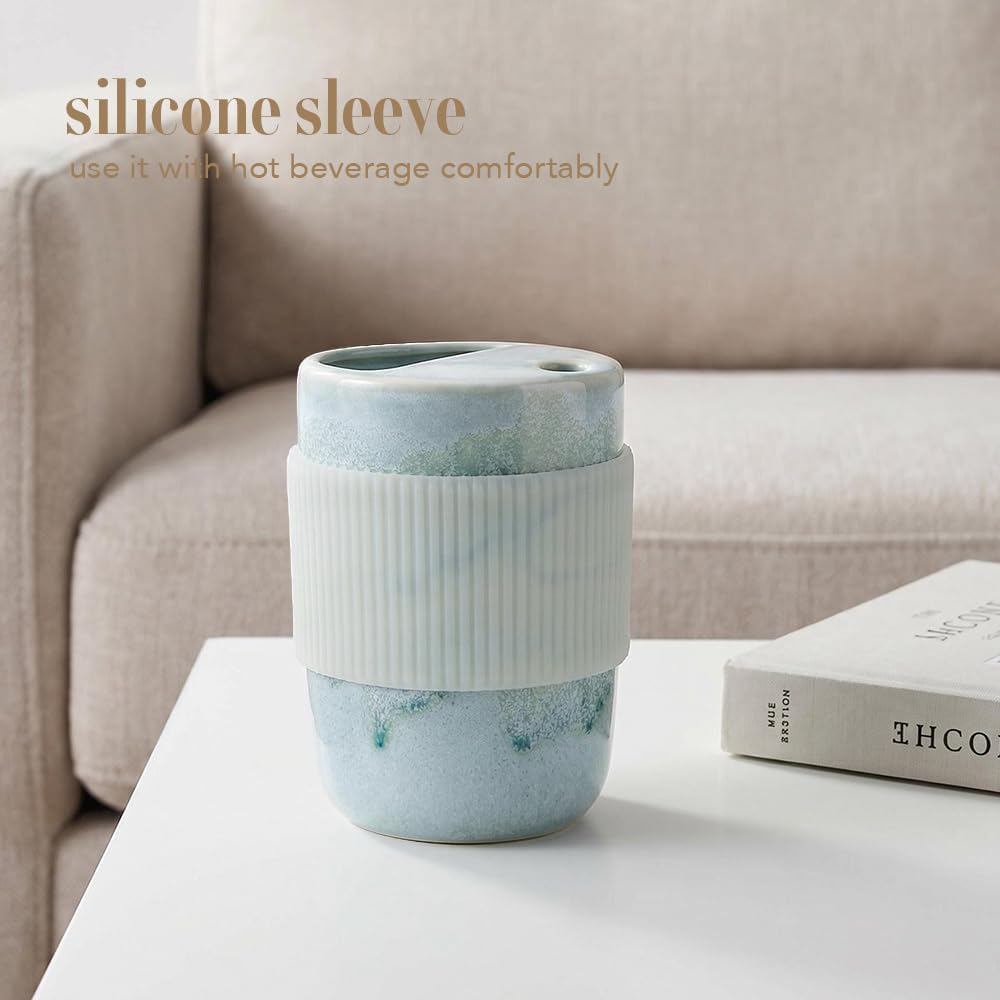 Handmade Ceramic Travel Coffee To Go Tumbler with Half Lid, 17oz Unique Tea Coffee Cup with Sip-top Lid, Speckle White