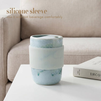 Handmade Ceramic Travel Coffee To Go Tumbler with Half Lid, 17oz Unique Tea Coffee Cup with Sip-top Lid, Speckle White