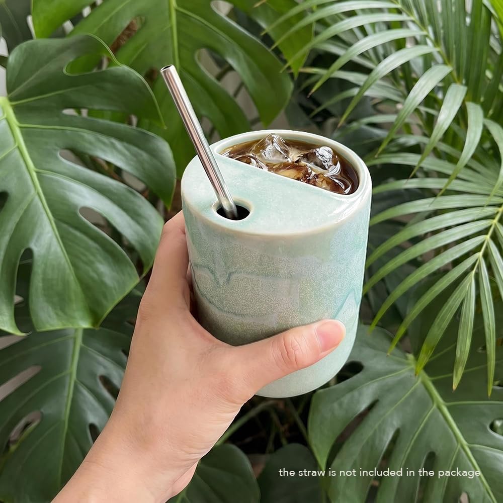 Handmade Ceramic Travel Coffee To Go Tumbler with Half Lid, 17oz Unique Tea Coffee Cup with Sip-top Lid, Speckle White