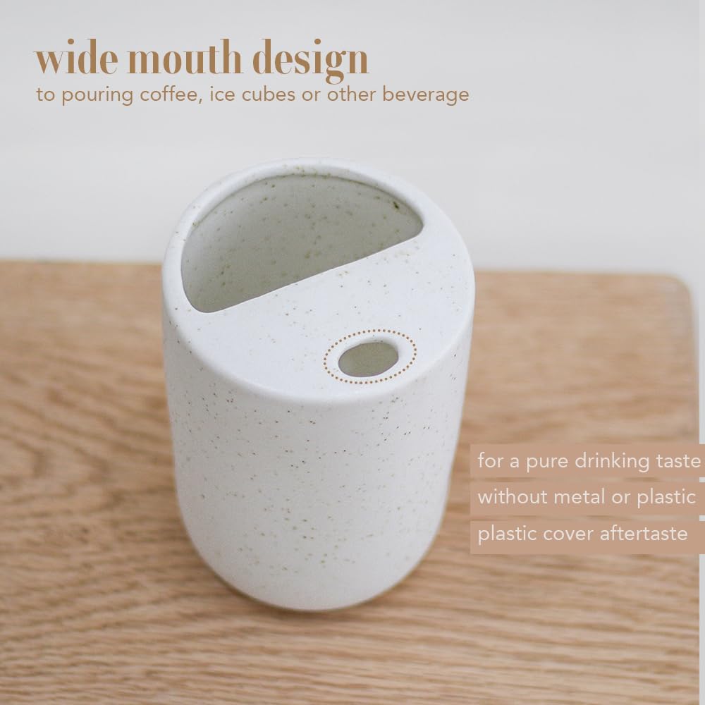 Handmade Ceramic Travel Coffee To Go Tumbler with Half Lid, 17oz Unique Tea Coffee Cup with Sip-top Lid, Speckle White
