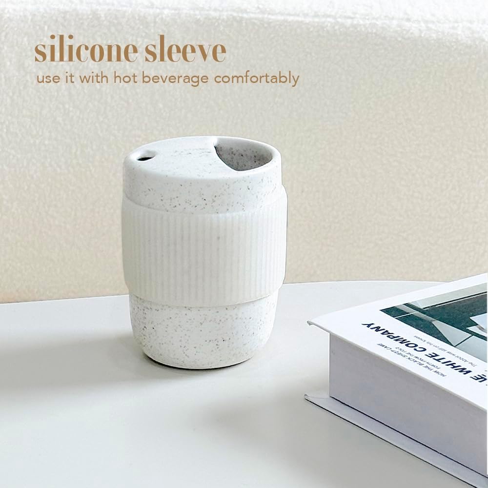 Handmade Ceramic Travel Coffee To Go Tumbler with Half Lid, 17oz Unique Tea Coffee Cup with Sip-top Lid, Speckle White