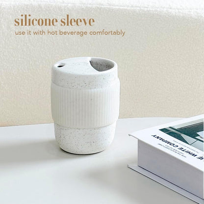 Handmade Ceramic Travel Coffee To Go Tumbler with Half Lid, 17oz Unique Tea Coffee Cup with Sip-top Lid, Speckle White