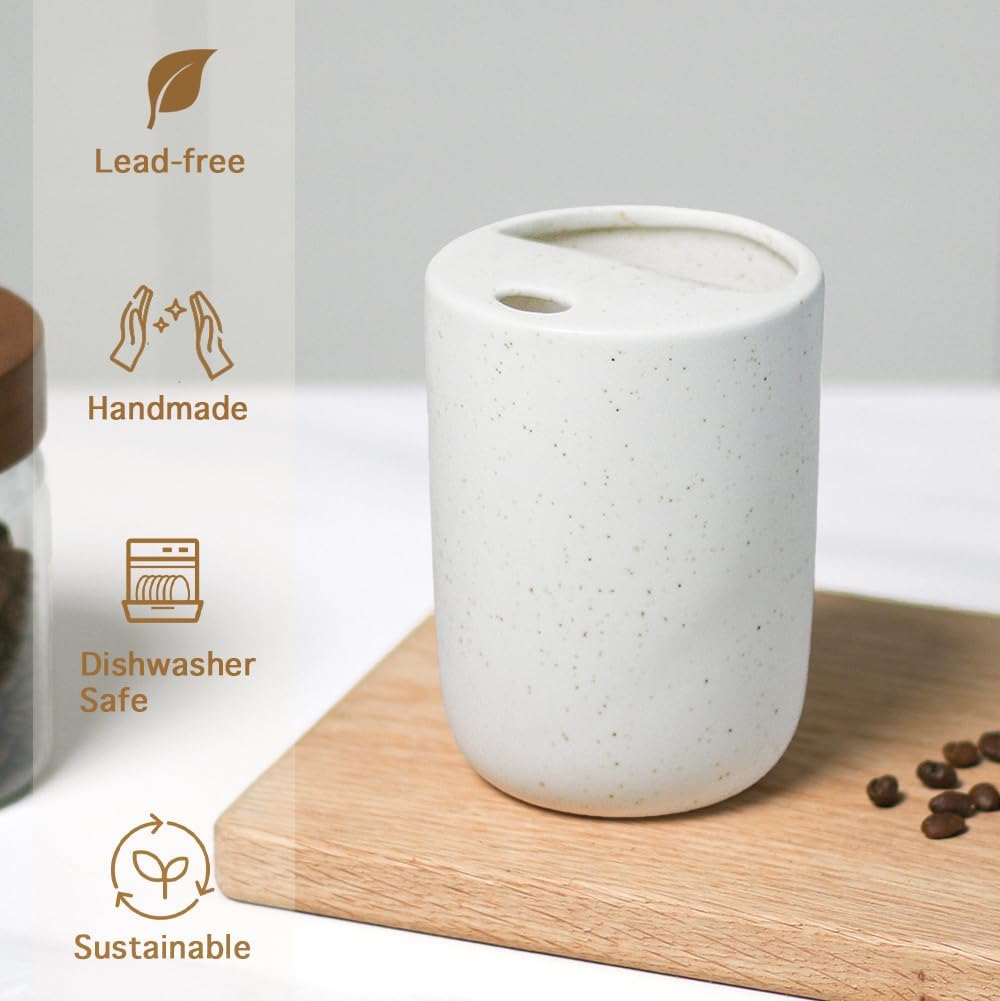 Handmade Ceramic Travel Coffee To Go Tumbler with Half Lid, 17oz Unique Tea Coffee Cup with Sip-top Lid, Speckle White