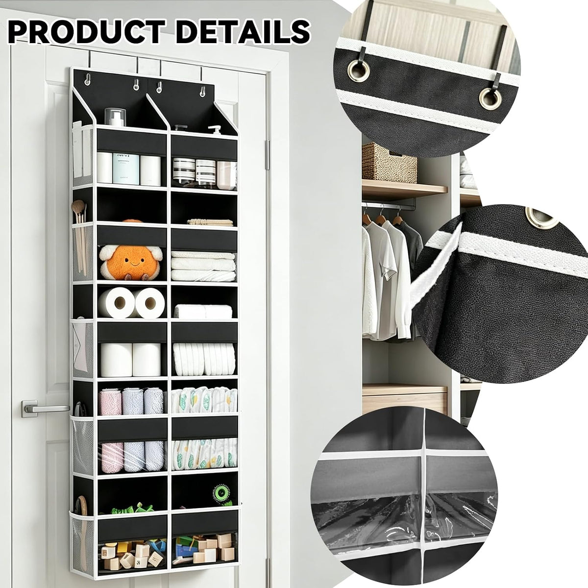 Over The Door Organizer 5 Tiers, Behind The Door Storage with 10 Pockets — Heavy-Duty 600D Oxford Fabric Material, Upgraded Hooks, Hanging Organizer in Cloakrooms, Bathrooms, Bedrooms (Grey)