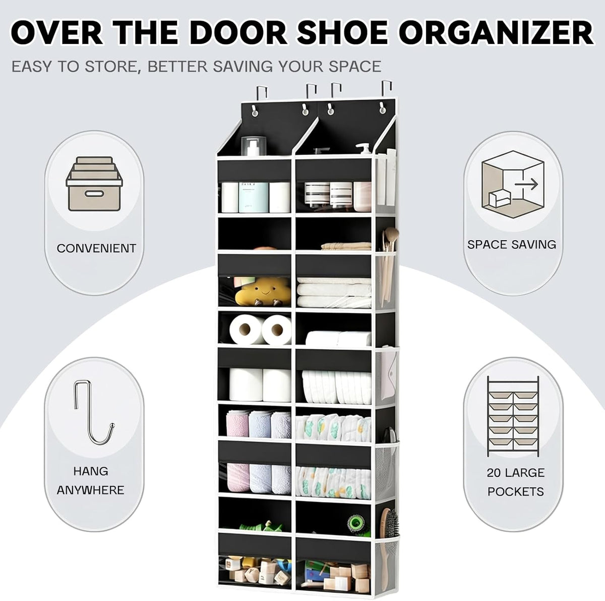 Over The Door Organizer 5 Tiers, Behind The Door Storage with 10 Pockets — Heavy-Duty 600D Oxford Fabric Material, Upgraded Hooks, Hanging Organizer in Cloakrooms, Bathrooms, Bedrooms (Grey)