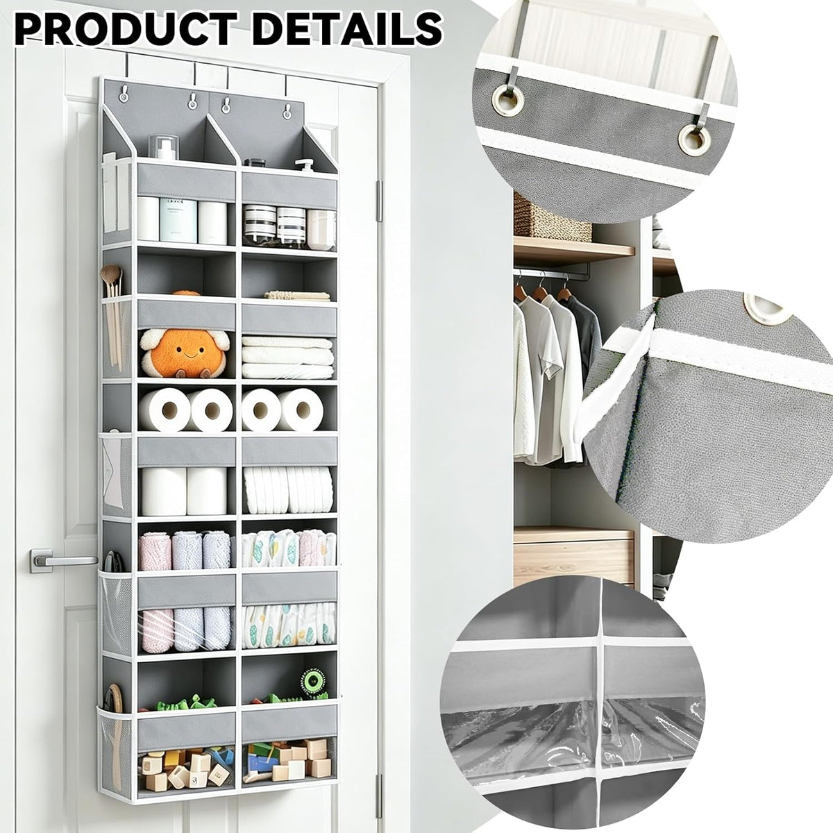 Over The Door Organizer 5 Tiers, Behind The Door Storage with 10 Pockets — Heavy-Duty 600D Oxford Fabric Material, Upgraded Hooks, Hanging Organizer in Cloakrooms, Bathrooms, Bedrooms (Grey)