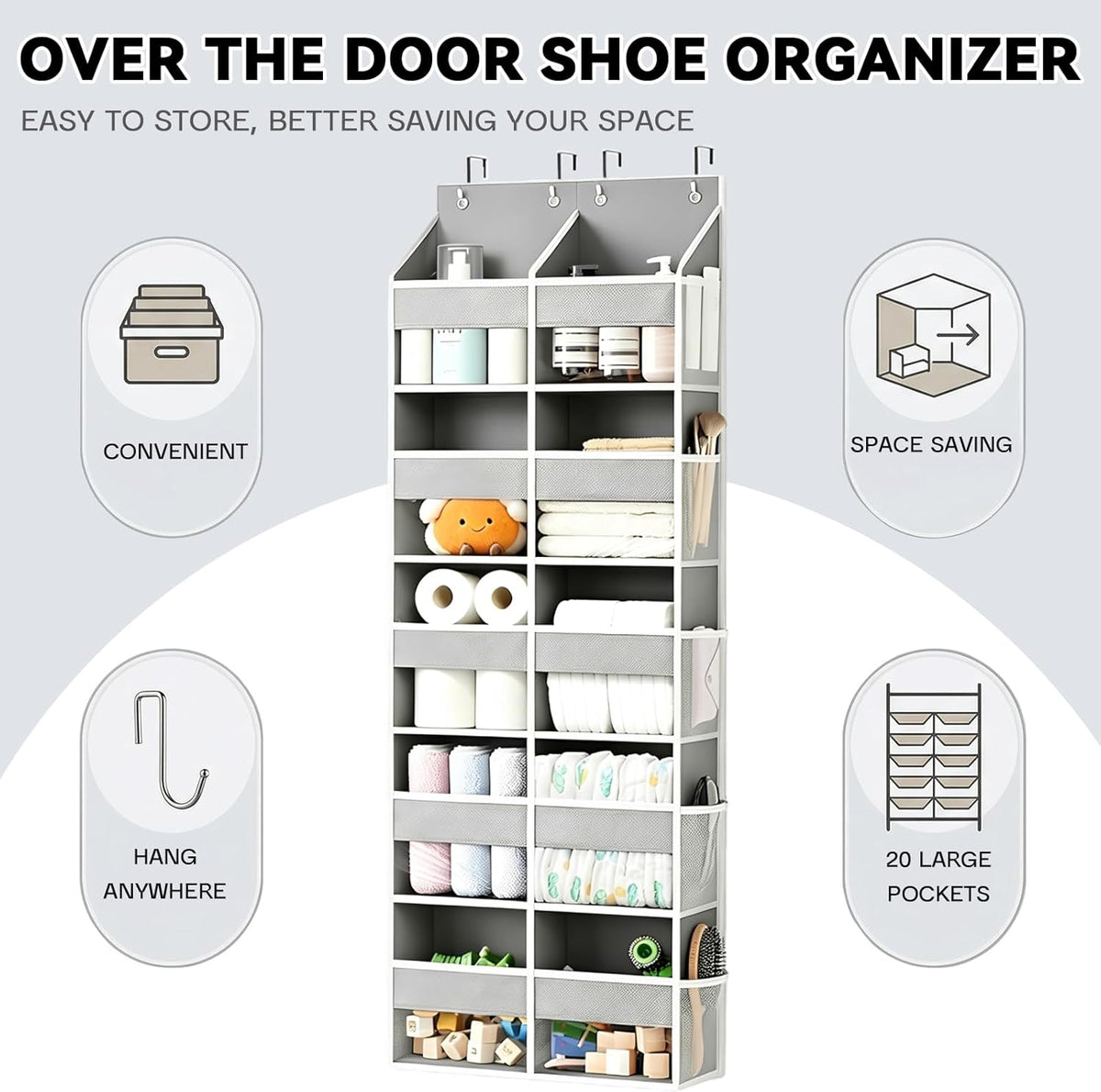 Over The Door Organizer 5 Tiers, Behind The Door Storage with 10 Pockets — Heavy-Duty 600D Oxford Fabric Material, Upgraded Hooks, Hanging Organizer in Cloakrooms, Bathrooms, Bedrooms (Grey)