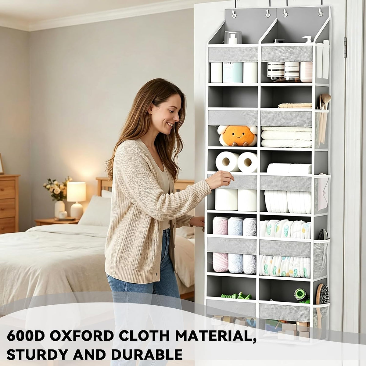Over The Door Organizer 5 Tiers, Behind The Door Storage with 10 Pockets — Heavy-Duty 600D Oxford Fabric Material, Upgraded Hooks, Hanging Organizer in Cloakrooms, Bathrooms, Bedrooms (Grey)