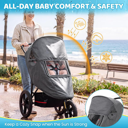 Universal Stroller Rain Cover, Thick & Durable, Sun Protection, Gray