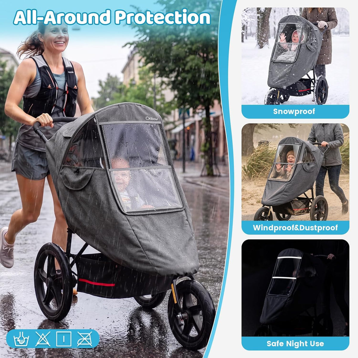 Universal Stroller Rain Cover, Thick & Durable, Sun Protection, Gray