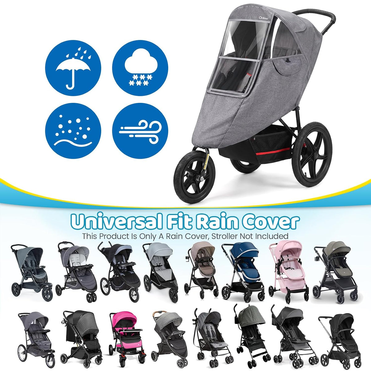 Universal Stroller Rain Cover, Thick & Durable, Sun Protection, Gray