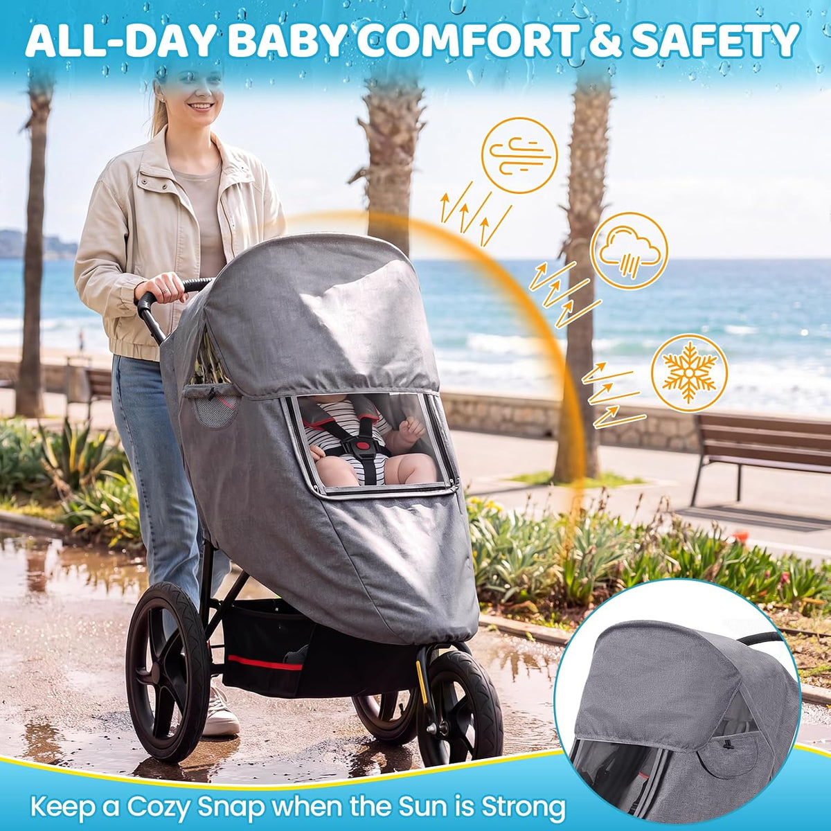Universal Stroller Rain Cover, Thick & Durable, Sun Protection, Gray