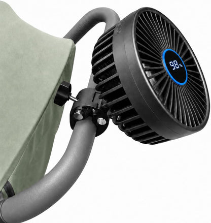 Stroller Fan for Parents with Locking Handlebar Clamp and Battery % Display