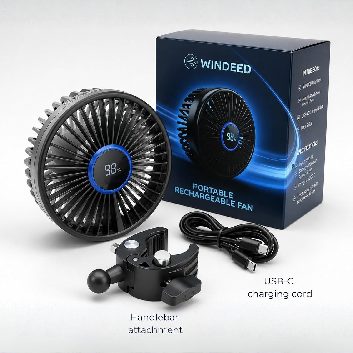 Stroller Fan for Parents with Locking Handlebar Clamp and Battery % Display