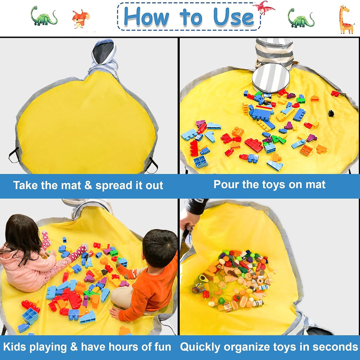 Toy Organizer with Playmat and Mesh Bags for Kids - Storage Bin for Boys & Girls Playroom - Container with Mat for Toddler Toys