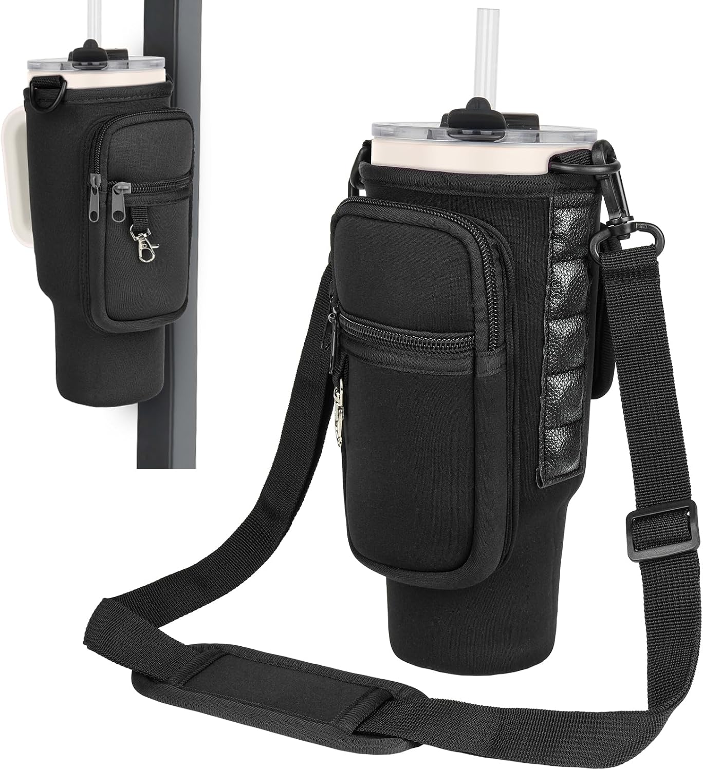 Magnetic Water Bottle Carrier Bag Fits for Stanley/Meoky 40 oz Tumbler | Water Bottle Holder Pouch with Adjustable Shoulder Strap & Phone Pocket Fits for Stanley Tumbler with Handle & Accessories