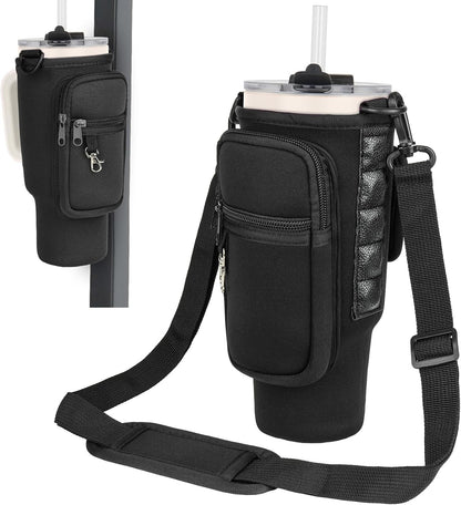 Magnetic Water Bottle Carrier Bag Fits for Stanley/Meoky 40 oz Tumbler | Water Bottle Holder Pouch with Adjustable Shoulder Strap & Phone Pocket Fits for Stanley Tumbler with Handle & Accessories