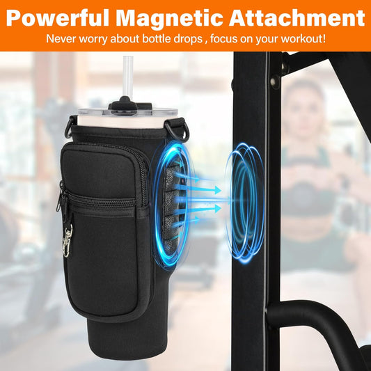 Magnetic Water Bottle Carrier Bag Fits for Stanley/Meoky 40 oz Tumbler | Water Bottle Holder Pouch with Adjustable Shoulder Strap & Phone Pocket Fits for Stanley Tumbler with Handle & Accessories