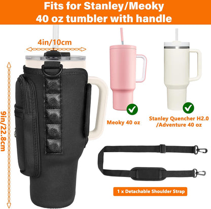 Magnetic Water Bottle Carrier Bag Fits for Stanley/Meoky 40 oz Tumbler | Water Bottle Holder Pouch with Adjustable Shoulder Strap & Phone Pocket Fits for Stanley Tumbler with Handle & Accessories