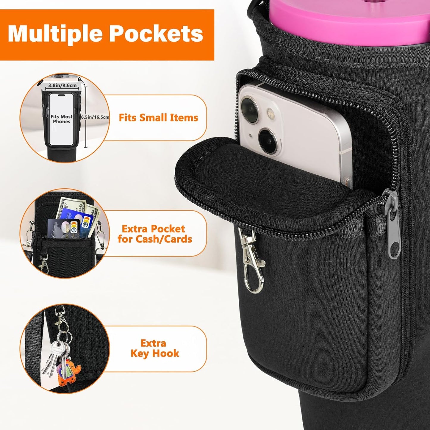 Magnetic Water Bottle Carrier Bag Fits for Stanley/Meoky 40 oz Tumbler | Water Bottle Holder Pouch with Adjustable Shoulder Strap & Phone Pocket Fits for Stanley Tumbler with Handle & Accessories